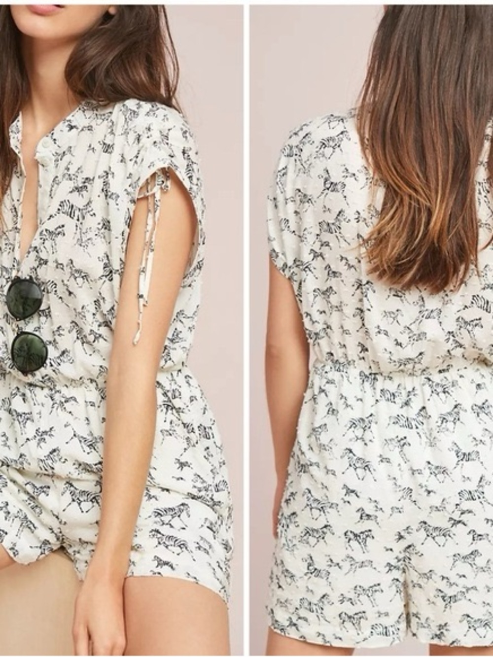 Anthropologie Cream and Black Zebra-Print Short Romper